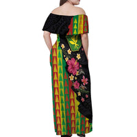 Hawaiian Independence Day Off Shoulder Maxi Dress Kanaka Maoli Symbols With Tapa Motifs and Tropical Plants LT03 - Polynesian Pride