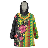 Hawaiian Independence Day Wearable Blanket Hoodie Kanaka Maoli Symbols With Tapa Motifs and Tropical Plants LT03 One Size Black - Polynesian Pride