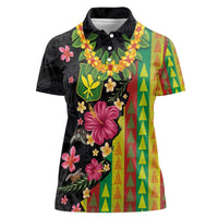 Hawaiian Independence Day Women Polo Shirt Kanaka Maoli Symbols With Tapa Motifs and Tropical Plants LT03 Female Black - Polynesian Pride