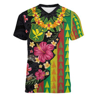 Hawaiian Independence Day Women V-Neck T-Shirt Kanaka Maoli Symbols With Tapa Motifs and Tropical Plants LT03 Female Black - Polynesian Pride