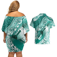 Personalised New Zealand Aotearoa Darts Masters Couples Matching Off Shoulder Short Dress and Hawaiian Shirt Maori Art Tattoo with Tribal Dart Symbol Teal Color - Polynesian Pride