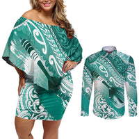 Personalised New Zealand Aotearoa Darts Masters Couples Matching Off Shoulder Short Dress and Long Sleeve Button Shirt Maori Art Tattoo with Tribal Dart Symbol Teal Color - Polynesian Pride