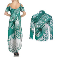 Personalised New Zealand Aotearoa Darts Masters Couples Matching Summer Maxi Dress and Long Sleeve Button Shirt Maori Art Tattoo with Tribal Dart Symbol Teal Color LT03 - Polynesian Pride