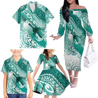 Personalised New Zealand Aotearoa Darts Masters Family Matching Off The Shoulder Long Sleeve Dress and Hawaiian Shirt Maori Art Tattoo with Tribal Dart Symbol Teal Color LT03 - Polynesian Pride