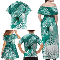 Personalised New Zealand Aotearoa Darts Masters Family Matching Off Shoulder Maxi Dress and Hawaiian Shirt Maori Art Tattoo with Tribal Dart Symbol Teal Color LT03 - Polynesian Pride