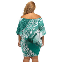 Personalised New Zealand Aotearoa Darts Masters Family Matching Off Shoulder Short Dress and Hawaiian Shirt Maori Art Tattoo with Tribal Dart Symbol Teal Color LT03 - Polynesian Pride