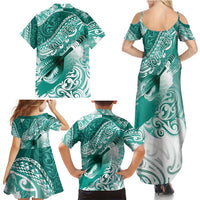 Personalised New Zealand Aotearoa Darts Masters Family Matching Summer Maxi Dress and Hawaiian Shirt Maori Art Tattoo with Tribal Dart Symbol Teal Color LT03 - Polynesian Pride