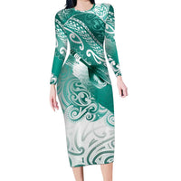 Personalised New Zealand Aotearoa Darts Masters Long Sleeve Bodycon Dress Maori Art Tattoo with Tribal Dart Symbol Teal Color LT03 Long Dress Teal - Polynesian Pride