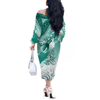 Personalised New Zealand Aotearoa Darts Masters Off The Shoulder Long Sleeve Dress Maori Art Tattoo with Tribal Dart Symbol Teal Color LT03 - Polynesian Pride