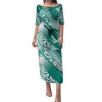 Personalised New Zealand Aotearoa Darts Masters Puletasi Maori Art Tattoo with Tribal Dart Symbol Teal Color LT03 Long Dress Teal - Polynesian Pride
