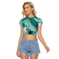 Personalised New Zealand Aotearoa Darts Masters Raglan Cropped T Shirt Maori Art Tattoo with Tribal Dart Symbol Teal Color LT03 Female Teal - Polynesian Pride