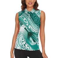 Personalised New Zealand Aotearoa Darts Masters Women Sleeveless Polo Shirt Maori Art Tattoo with Tribal Dart Symbol Teal Color LT03 - Polynesian Pride