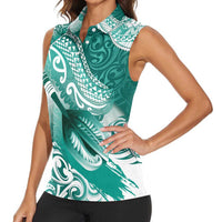 Personalised New Zealand Aotearoa Darts Masters Women Sleeveless Polo Shirt Maori Art Tattoo with Tribal Dart Symbol Teal Color LT03 - Polynesian Pride
