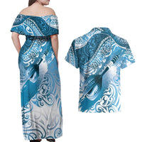 Personalised New Zealand Aotearoa Darts Masters Couples Matching Off Shoulder Maxi Dress and Hawaiian Shirt Maori Art Tattoo with Tribal Dart Symbol Blue LT03 - Polynesian Pride