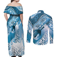 Personalised New Zealand Aotearoa Darts Masters Couples Matching Off Shoulder Maxi Dress and Long Sleeve Button Shirt Maori Art Tattoo with Tribal Dart Symbol Blue LT03 - Polynesian Pride