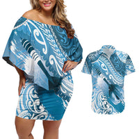 Personalised New Zealand Aotearoa Darts Masters Couples Matching Off Shoulder Short Dress and Hawaiian Shirt Maori Art Tattoo with Tribal Dart Symbol Blue LT03 Blue - Polynesian Pride