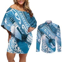 Personalised New Zealand Aotearoa Darts Masters Couples Matching Off Shoulder Short Dress and Long Sleeve Button Shirt Maori Art Tattoo with Tribal Dart Symbol Blue LT03 Blue - Polynesian Pride