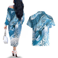 Personalised New Zealand Aotearoa Darts Masters Couples Matching Off The Shoulder Long Sleeve Dress and Hawaiian Shirt Maori Art Tattoo with Tribal Dart Symbol Blue LT03 - Polynesian Pride