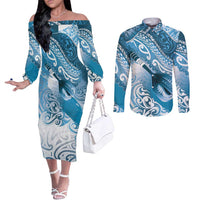 Personalised New Zealand Aotearoa Darts Masters Couples Matching Off The Shoulder Long Sleeve Dress and Long Sleeve Button Shirt Maori Art Tattoo with Tribal Dart Symbol Blue LT03 Blue - Polynesian Pride
