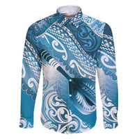 Personalised New Zealand Aotearoa Darts Masters Family Matching Puletasi and Hawaiian Shirt Maori Art Tattoo with Tribal Dart Symbol Blue LT03 Dad's Shirt - Long Sleeve Blue - Polynesian Pride