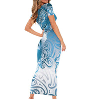 Personalised New Zealand Aotearoa Darts Masters Family Matching Short Sleeve Bodycon Dress and Hawaiian Shirt Maori Art Tattoo with Tribal Dart Symbol Blue LT03 - Polynesian Pride