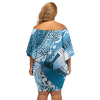 Personalised New Zealand Aotearoa Darts Masters Off Shoulder Short Dress Maori Art Tattoo with Tribal Dart Symbol Blue LT03 - Polynesian Pride