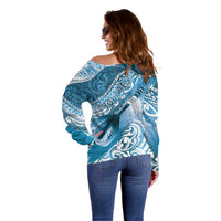 Personalised New Zealand Aotearoa Darts Masters Off Shoulder Sweater Maori Art Tattoo with Tribal Dart Symbol Blue - Polynesian Pride