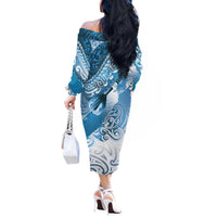 Personalised New Zealand Aotearoa Darts Masters Off The Shoulder Long Sleeve Dress Maori Art Tattoo with Tribal Dart Symbol Blue LT03 - Polynesian Pride