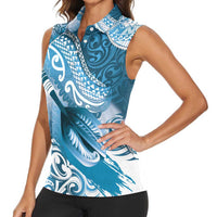 Personalised New Zealand Aotearoa Darts Masters Women Sleeveless Polo Shirt Maori Art Tattoo with Tribal Dart Symbol Blue LT03 - Polynesian Pride