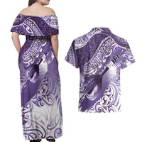 Personalised New Zealand Aotearoa Darts Masters Couples Matching Off Shoulder Maxi Dress and Hawaiian Shirt Maori Art Tattoo with Tribal Dart Symbol Purple LT03 - Polynesian Pride
