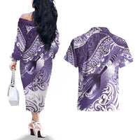Personalised New Zealand Aotearoa Darts Masters Couples Matching Off The Shoulder Long Sleeve Dress and Hawaiian Shirt Maori Art Tattoo with Tribal Dart Symbol Purple LT03 - Polynesian Pride