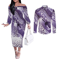 Personalised New Zealand Aotearoa Darts Masters Couples Matching Off The Shoulder Long Sleeve Dress and Long Sleeve Button Shirt Maori Art Tattoo with Tribal Dart Symbol Purple LT03 Purple - Polynesian Pride