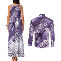 Personalised New Zealand Aotearoa Darts Masters Couples Matching Tank Maxi Dress and Long Sleeve Button Shirt Maori Art Tattoo with Tribal Dart Symbol Purple LT03 - Polynesian Pride