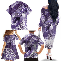 Personalised New Zealand Aotearoa Darts Masters Family Matching Off The Shoulder Long Sleeve Dress and Hawaiian Shirt Maori Art Tattoo with Tribal Dart Symbol Purple LT03 - Polynesian Pride