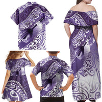 Personalised New Zealand Aotearoa Darts Masters Family Matching Off Shoulder Maxi Dress and Hawaiian Shirt Maori Art Tattoo with Tribal Dart Symbol Purple LT03 - Polynesian Pride