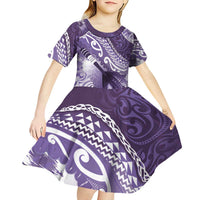 Personalised New Zealand Aotearoa Darts Masters Kid Short Sleeve Dress Maori Art Tattoo with Tribal Dart Symbol Purple LT03 - Polynesian Pride