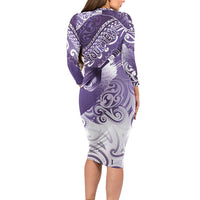 Personalised New Zealand Aotearoa Darts Masters Long Sleeve Bodycon Dress Maori Art Tattoo with Tribal Dart Symbol Purple LT03 - Polynesian Pride
