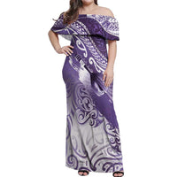 Personalised New Zealand Aotearoa Darts Masters Off Shoulder Maxi Dress Maori Art Tattoo with Tribal Dart Symbol Purple LT03 Women Purple - Polynesian Pride