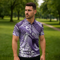 Personalised New Zealand Aotearoa Darts Masters Zipper Polo Shirt Maori Art Tattoo with Tribal Dart Symbol Purple LT03 - Polynesian Pride