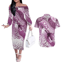 Personalised New Zealand Aotearoa Darts Masters Couples Matching Off The Shoulder Long Sleeve Dress and Hawaiian Shirt Maori Art Tattoo with Tribal Dart Symbol Pink LT03 Pink - Polynesian Pride