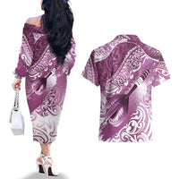 Personalised New Zealand Aotearoa Darts Masters Couples Matching Off The Shoulder Long Sleeve Dress and Hawaiian Shirt Maori Art Tattoo with Tribal Dart Symbol Pink LT03 - Polynesian Pride