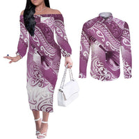 Personalised New Zealand Aotearoa Darts Masters Couples Matching Off The Shoulder Long Sleeve Dress and Long Sleeve Button Shirt Maori Art Tattoo with Tribal Dart Symbol Pink LT03 Pink - Polynesian Pride