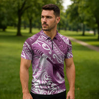 Personalised New Zealand Aotearoa Darts Masters Zipper Polo Shirt Maori Art Tattoo with Tribal Dart Symbol Pink LT03 - Polynesian Pride