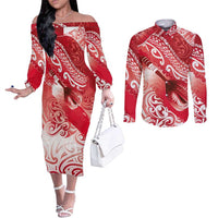 Personalised New Zealand Aotearoa Darts Masters Couples Matching Off The Shoulder Long Sleeve Dress and Long Sleeve Button Shirt Maori Art Tattoo with Tribal Dart Symbol Red LT03 Red - Polynesian Pride