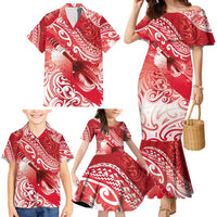 Personalised New Zealand Aotearoa Darts Masters Family Matching Mermaid Dress and Hawaiian Shirt Maori Art Tattoo with Tribal Dart Symbol Red LT03 - Polynesian Pride