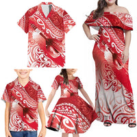 Personalised New Zealand Aotearoa Darts Masters Family Matching Off Shoulder Maxi Dress and Hawaiian Shirt Maori Art Tattoo with Tribal Dart Symbol Red LT03 - Polynesian Pride