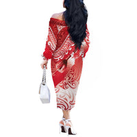 Personalised New Zealand Aotearoa Darts Masters Off The Shoulder Long Sleeve Dress Maori Art Tattoo with Tribal Dart Symbol Red LT03 - Polynesian Pride