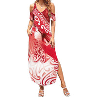 Personalised New Zealand Aotearoa Darts Masters Summer Maxi Dress Maori Art Tattoo with Tribal Dart Symbol Red LT03 Women Red - Polynesian Pride