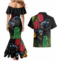 New Zealand Tui Couples Matching Mermaid Dress and Hawaiian Shirt Guardians of the Hei Tiki - Maori Art and Plants LT03 - Polynesian Pride