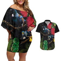 New Zealand Tui Couples Matching Off Shoulder Short Dress and Hawaiian Shirt Guardians of the Hei Tiki - Maori Art and Plants LT03 Black - Polynesian Pride